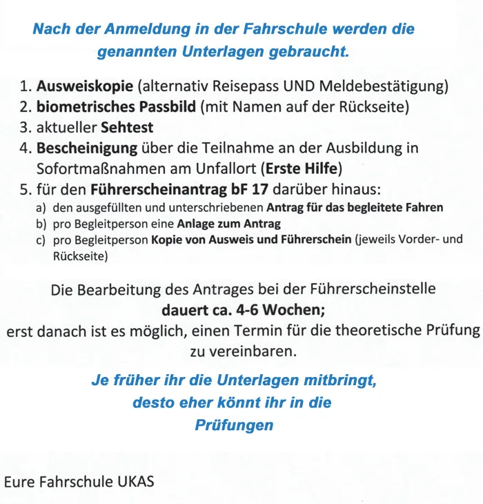 Ukas - Fahrschule -Ablauf der Ausbildung